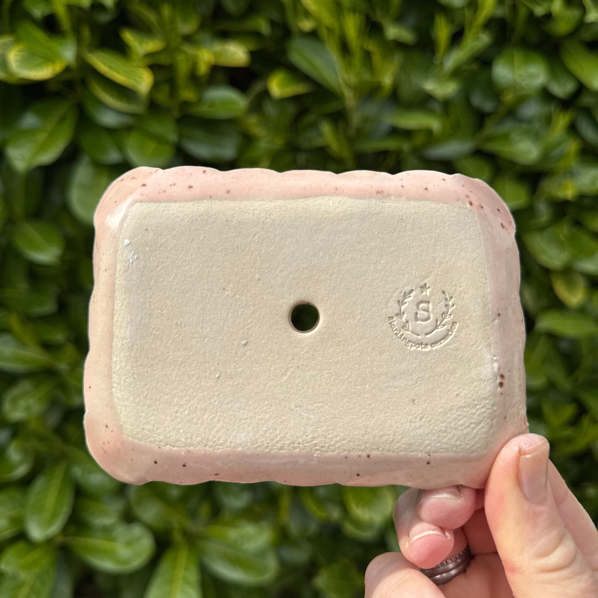 Rectangular scalloped edged soap dish with drainage hole
