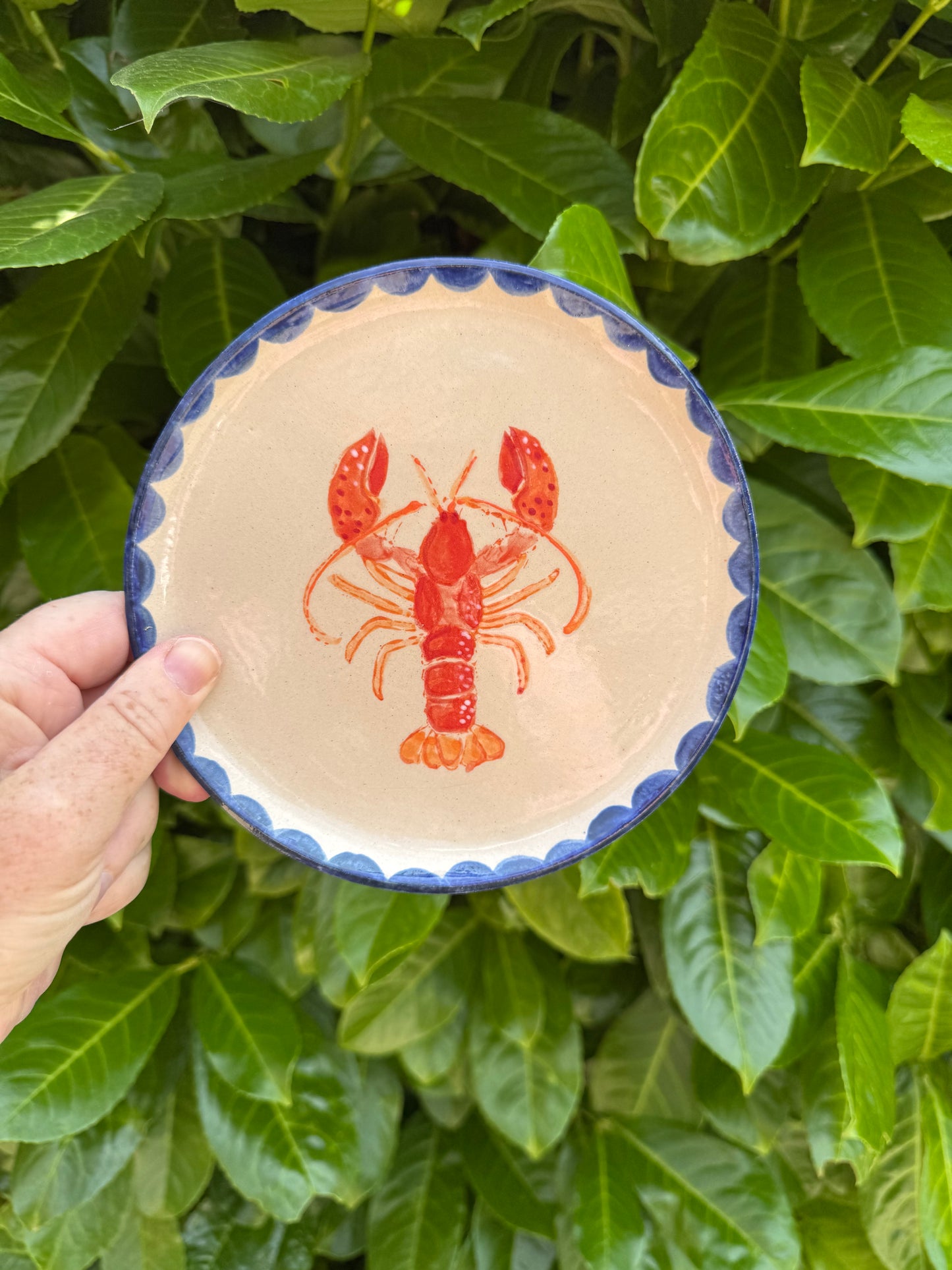 Ceramic lobster platter with scalloped edge on wooden surface