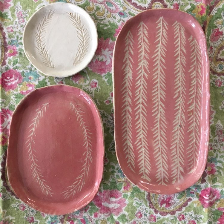 Rhubarb and pearl pink sgraffito oval ceramic side dish