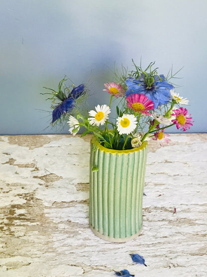 Ripple edge, scallop top, glazed ceramic bud vase