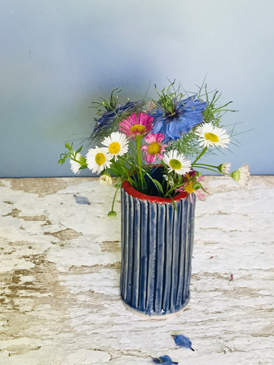 Ripple edge, scallop top, glazed ceramic bud vase