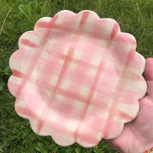 Soft pink and red gingham checked hand shaped ceramic plate with scalloped edge