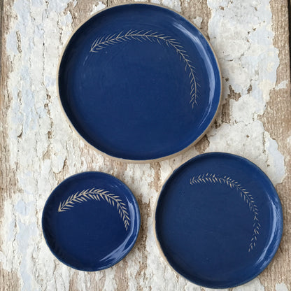 Botanical brights sgraffito ceramic side dish sets in Kingfisher blue, Parakeet green, Goldfinch yellow, Woodpecker teal.