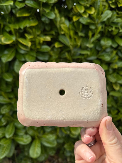 Rectangular scalloped edged soap dish with drainage hole