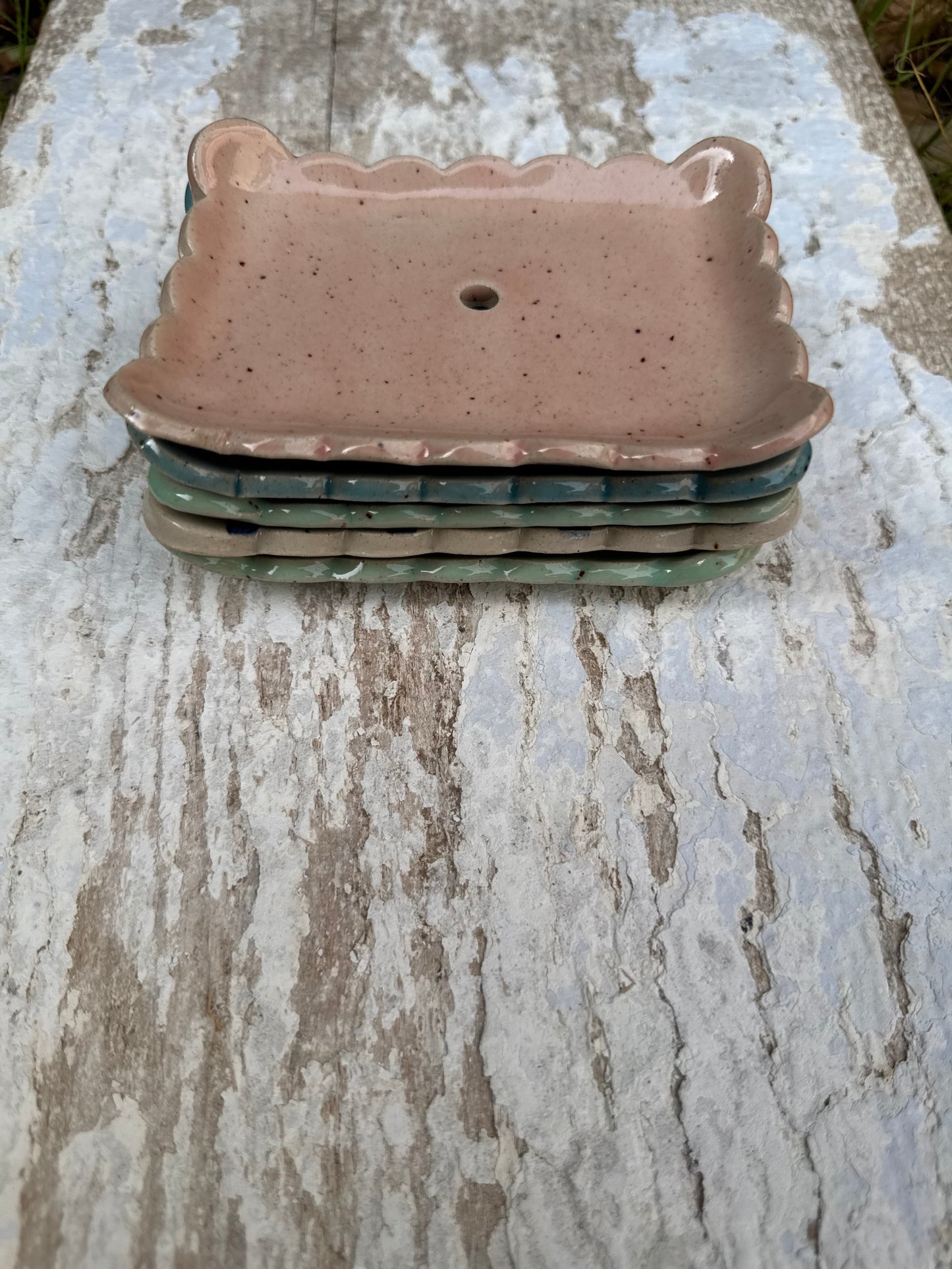 Rectangular scalloped edged soap dish with drainage hole