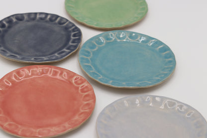 Thumbprint tea plates in french macron coloured glazes