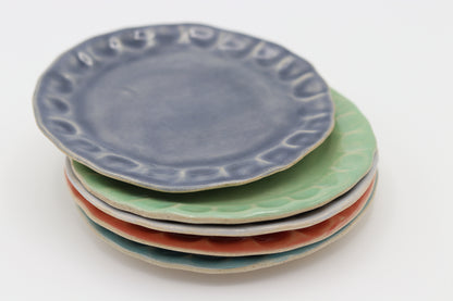 Thumbprint tea plates in french macron coloured glazes