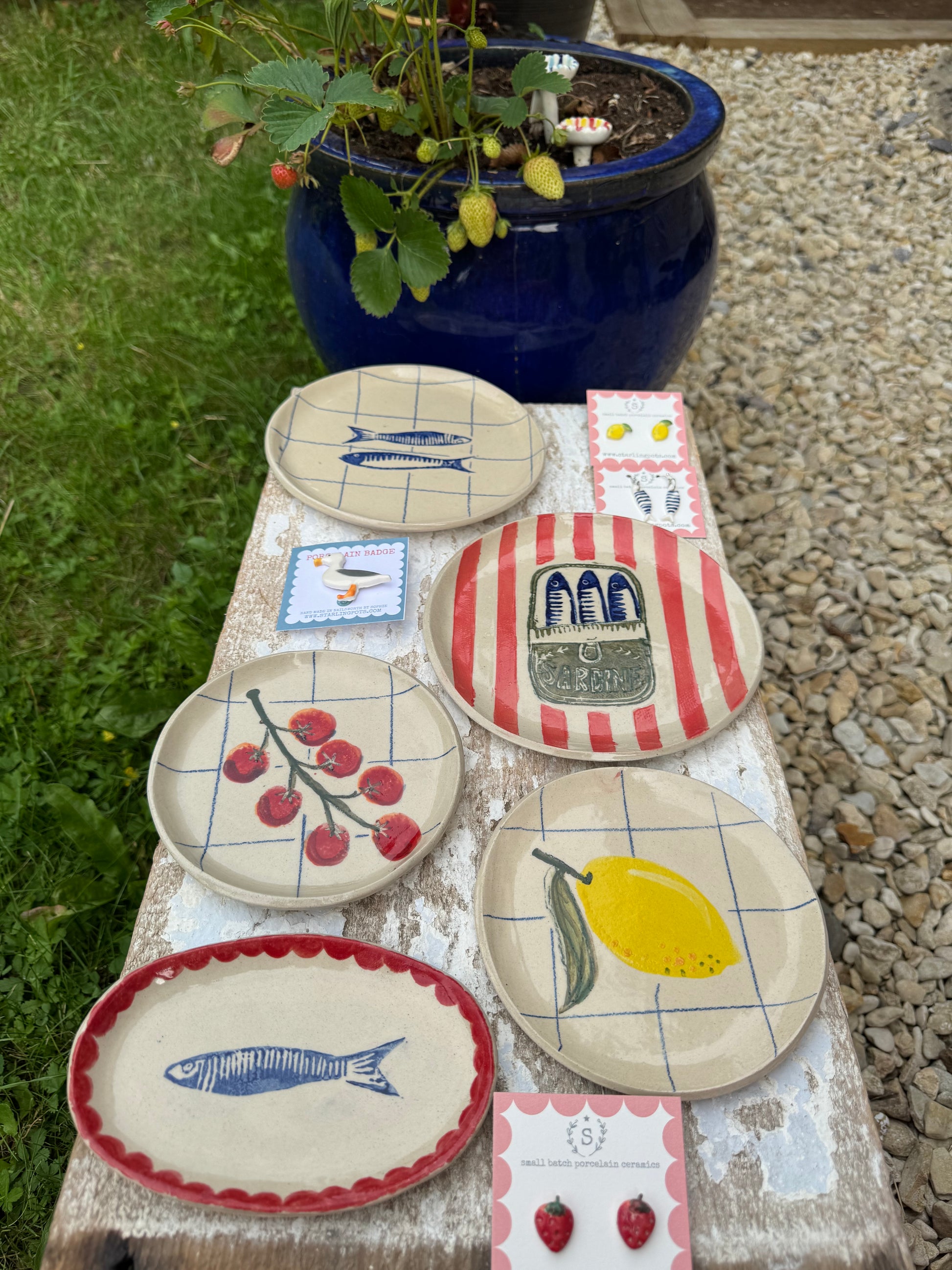 Collection of handmade ceramic plates including sardine pair plate displayed on garden bench