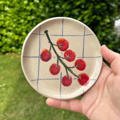 Handmade ceramic tomato design side plate with blue grid pattern held outdoors