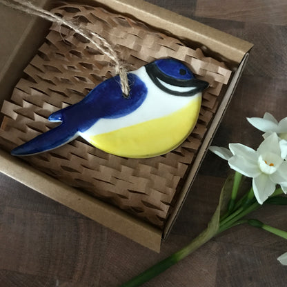 Porcelain Blue Tit and green Great Tit bird hanging decoration