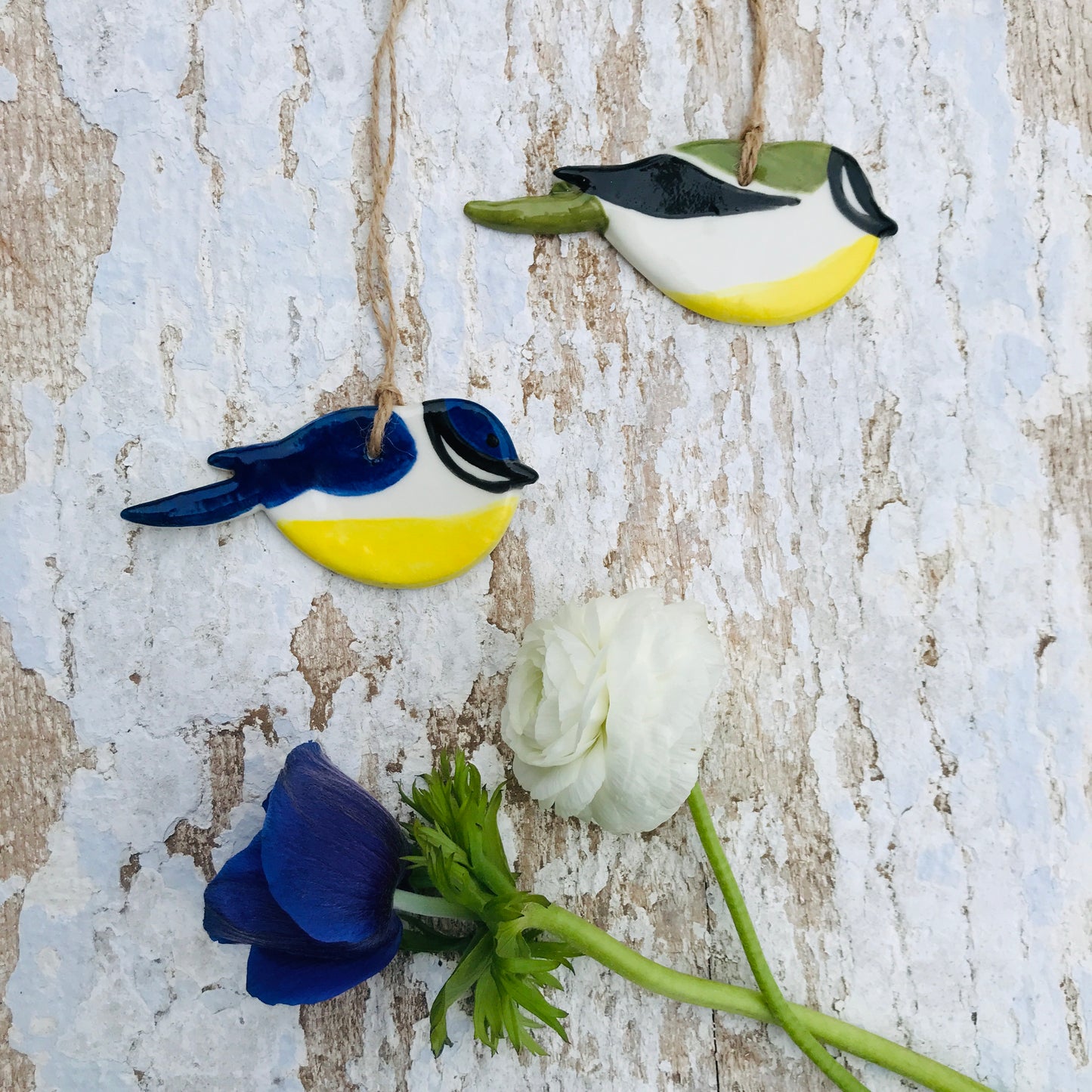 Porcelain Blue Tit and green Great Tit bird hanging decoration