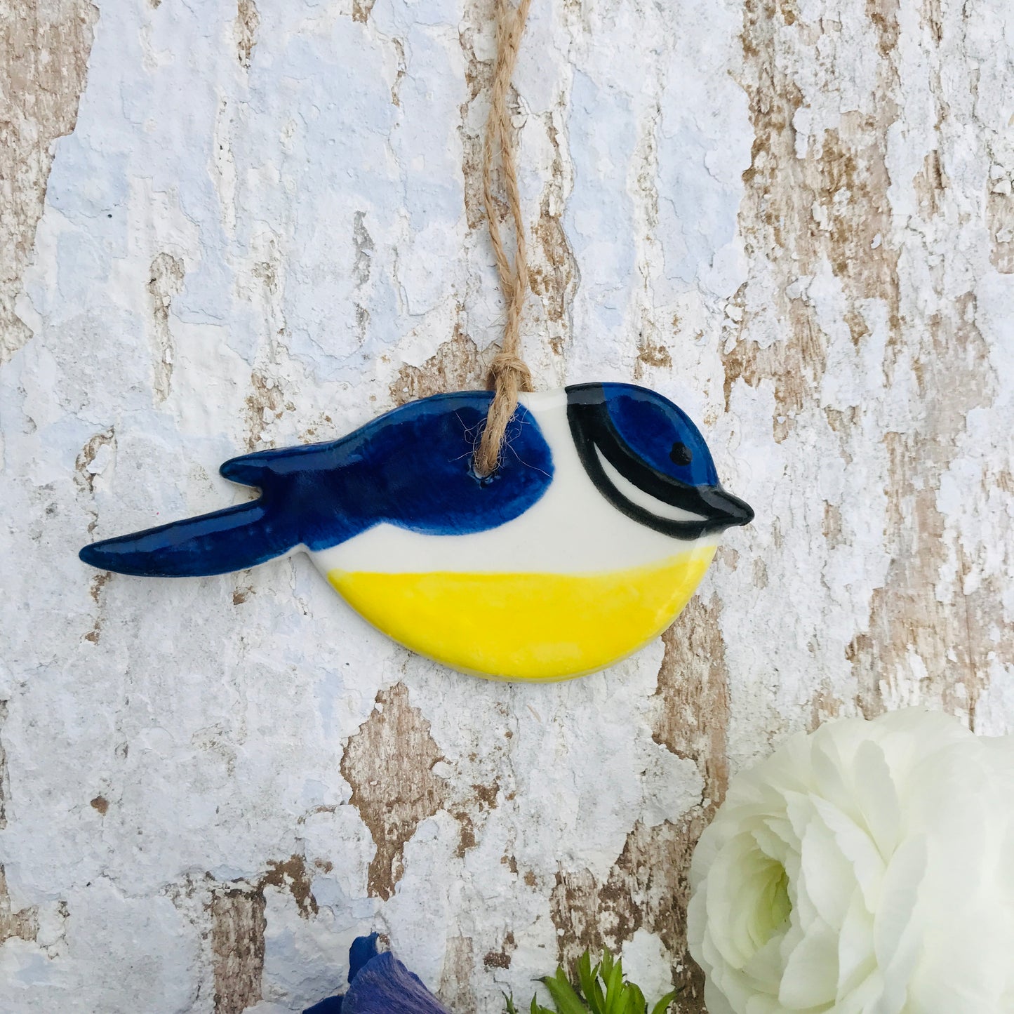 Porcelain Blue Tit and green Great Tit bird hanging decoration