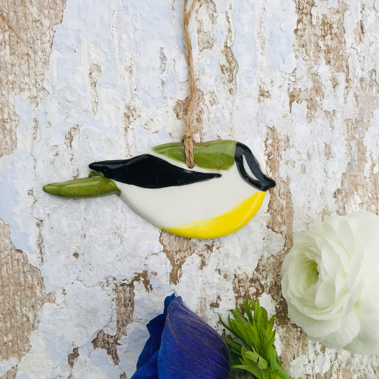 Porcelain Blue Tit and green Great Tit bird hanging decoration