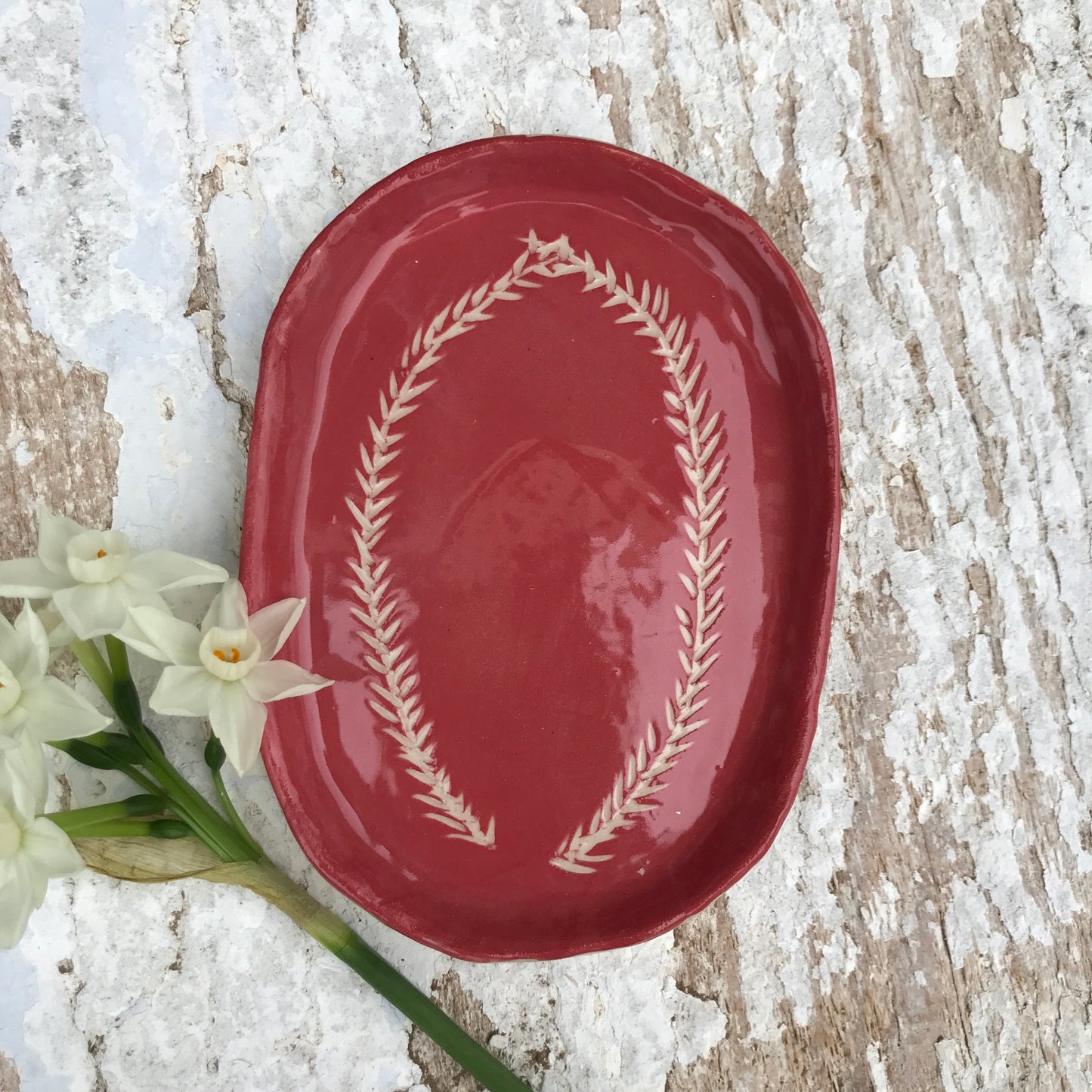 Rhubarb and pearl pink sgraffito oval ceramic side dish