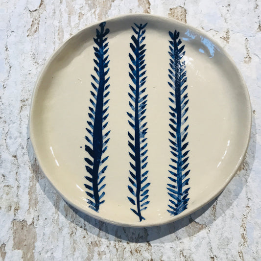 Natural stoneware glazed ceramic plate with hand painted blue leaf garland floral design