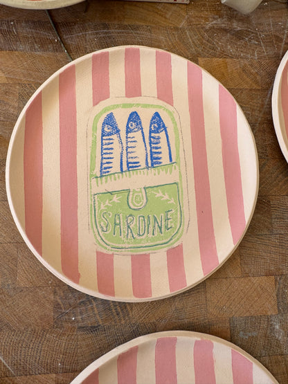 Ceramic sardine tin plate with pink stripes, sage green and blue design