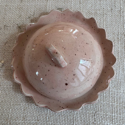Speckle glazed hand made ceramic butter dish with scalloped edge