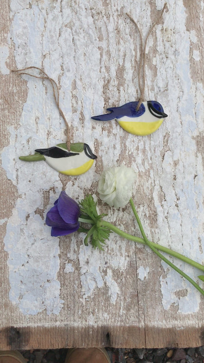 Porcelain Blue Tit and green Great Tit bird hanging decoration