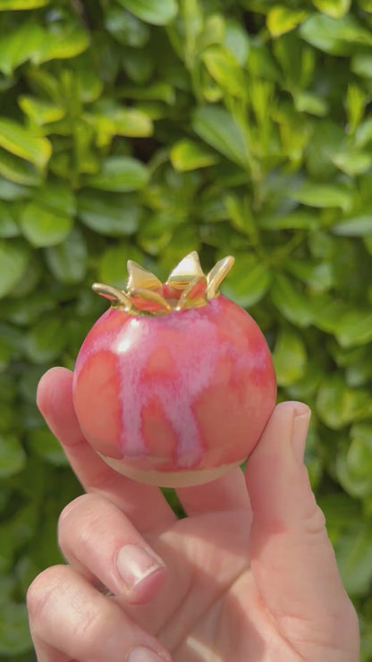 Small pomegranate vase with hot pink glaze and 24 carat gold crown detail