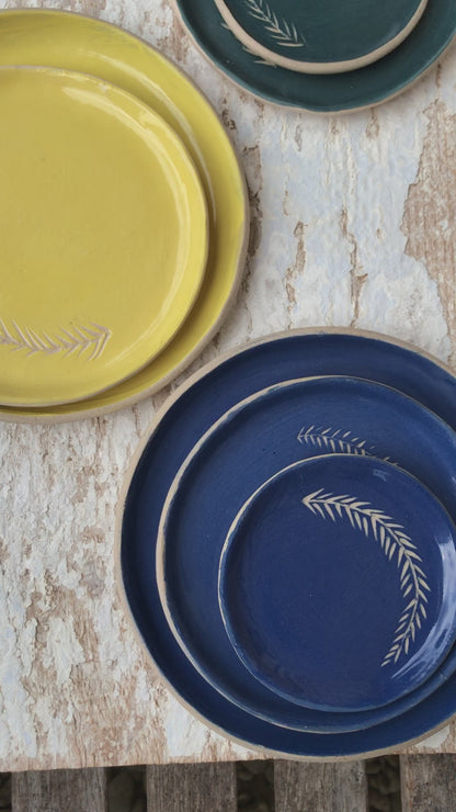 Botanical brights sgraffito ceramic side dish sets in Kingfisher blue, Parakeet green, Goldfinch yellow, Woodpecker teal.