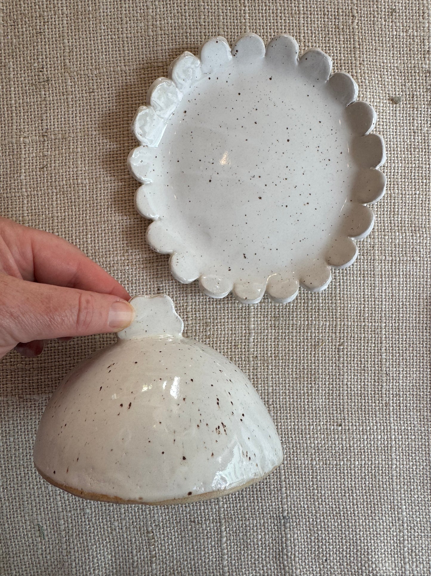 Speckle glazed hand made ceramic butter dish with scalloped edge